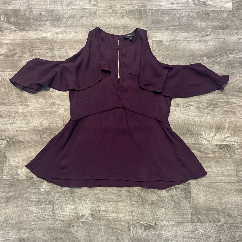Theory Desiraya Plum Wine Ruffle Cold Shoulder Keyhole Top Blouse Women’s Sz. M
